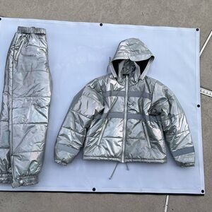 Silver Puffer Jacket with Hood, Matching Pants Dolls Kill LE GUD